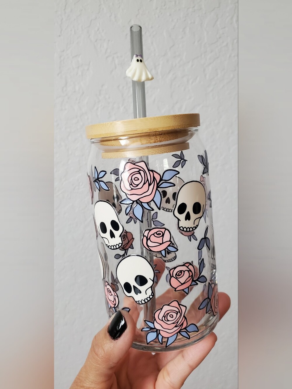Halloween Reusable Skulls And Roses Beer Can Glass With Lid & Glass Ghost Straw